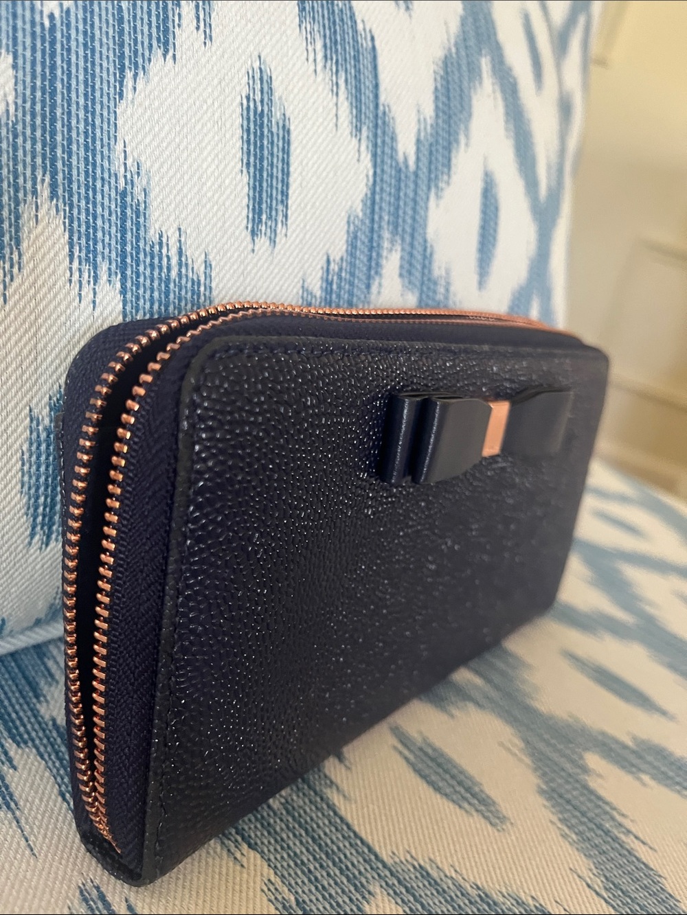 Ted Baker Navy Textured Zip Clutch or Wallet with Bow Accent and Rose Gold Trim